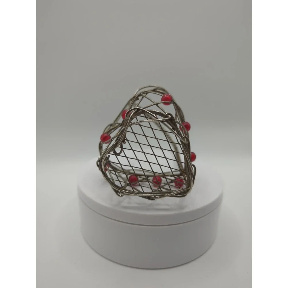 Vintage Heart Shape Mini Metal Wire Basket Red Beads Boho Valentine Decor